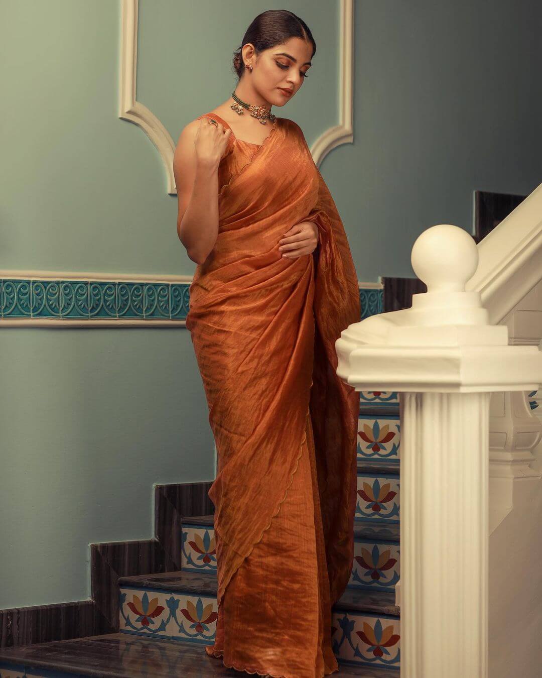 Nikhila Vimal Sophisticated Look On Orange Saree
