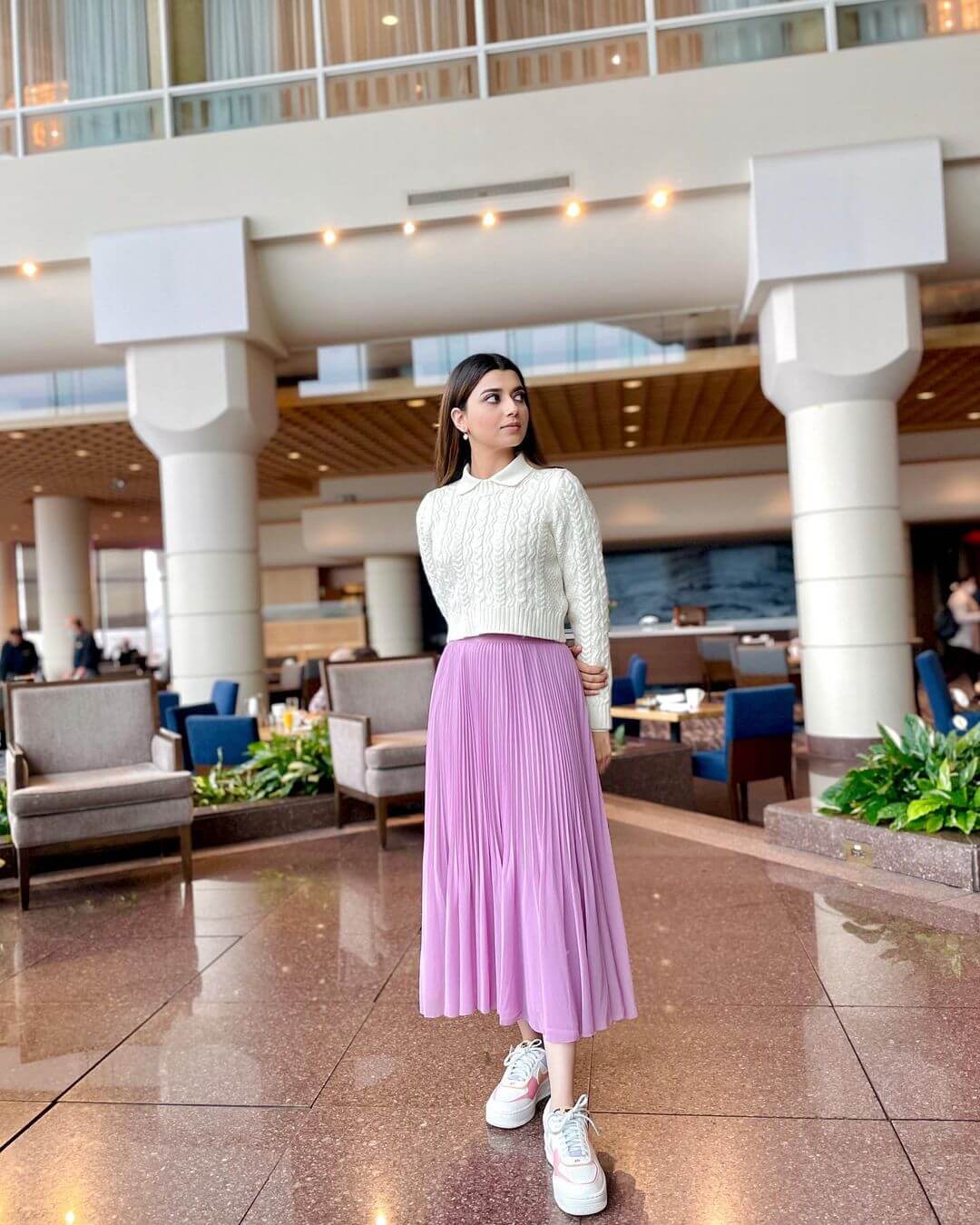 Nimrat Khaira Attractive Look In White Pullover With Purple Skirt Outfit Nimrat Khaira Desi And Classy Outfit