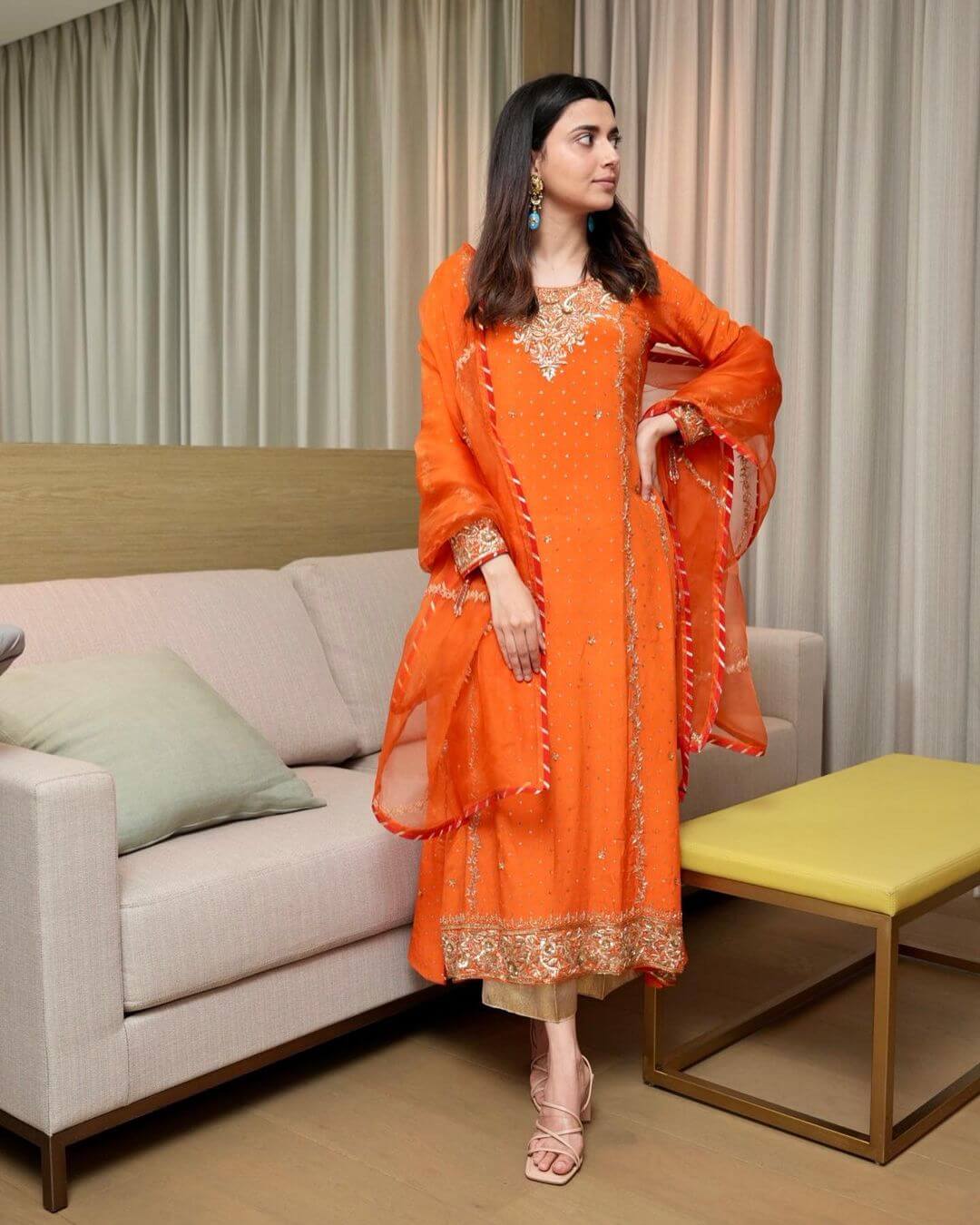 Nimrat Khaira Charming Look In Orange Straight Kurta Outfit