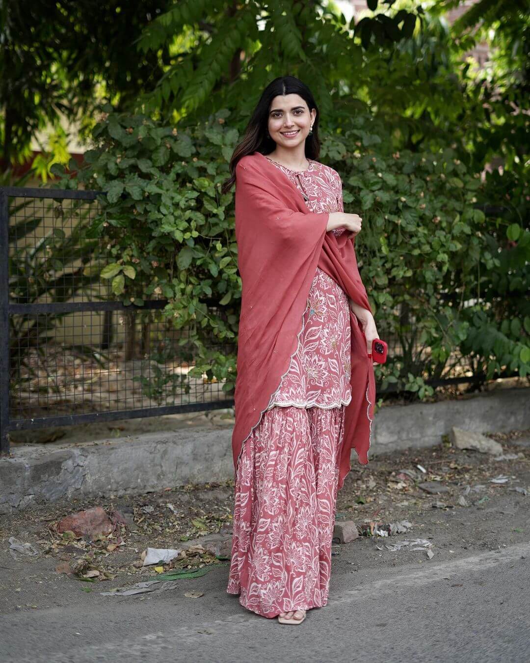Nimrat Khaira Red Floral Short Kurta Palazzo Outfit Nimrat Khaira Desi And Classy Outfit