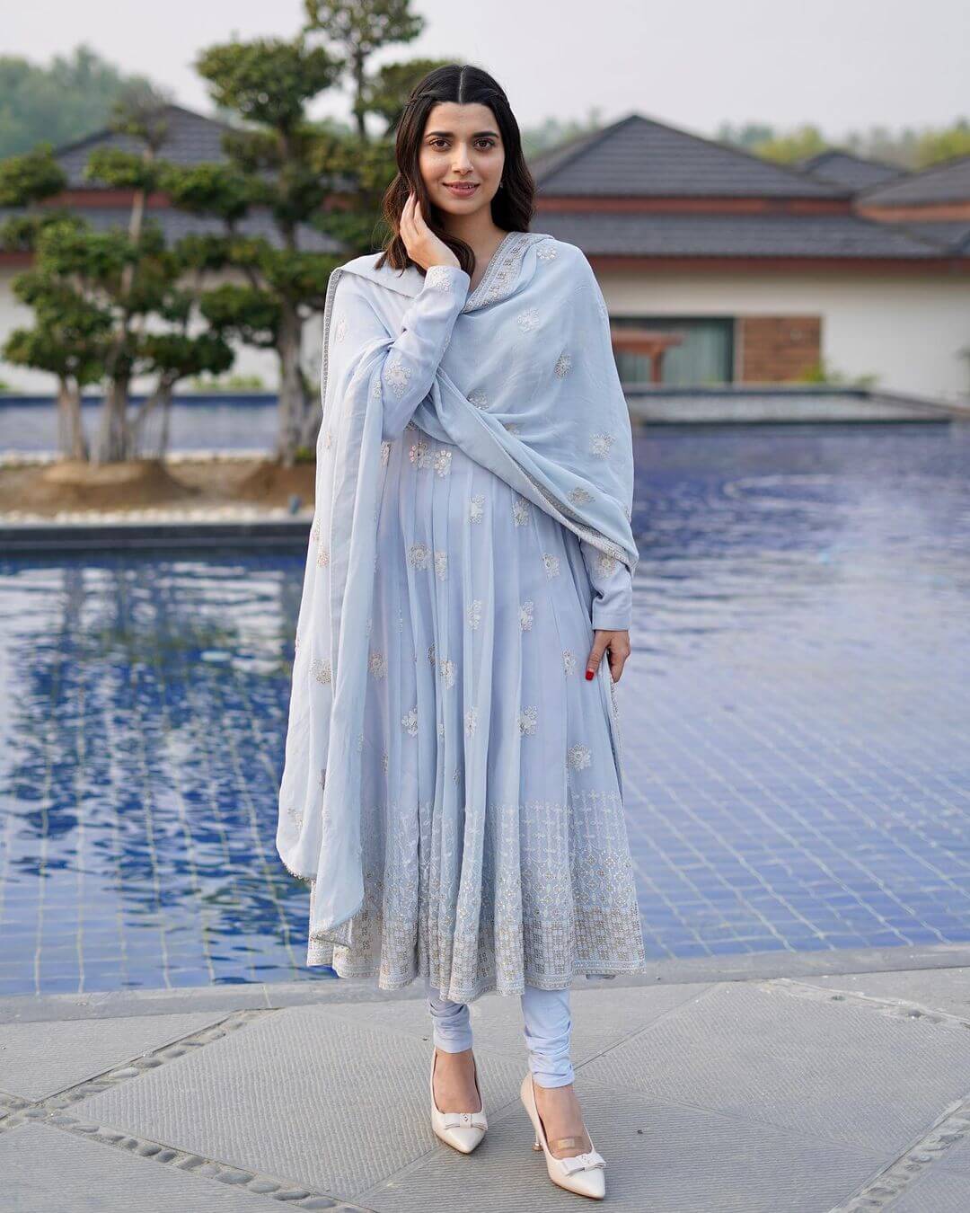 Nimrat Khaira Simple And Classy Look In Ivory Blue Anarkali Outfit
