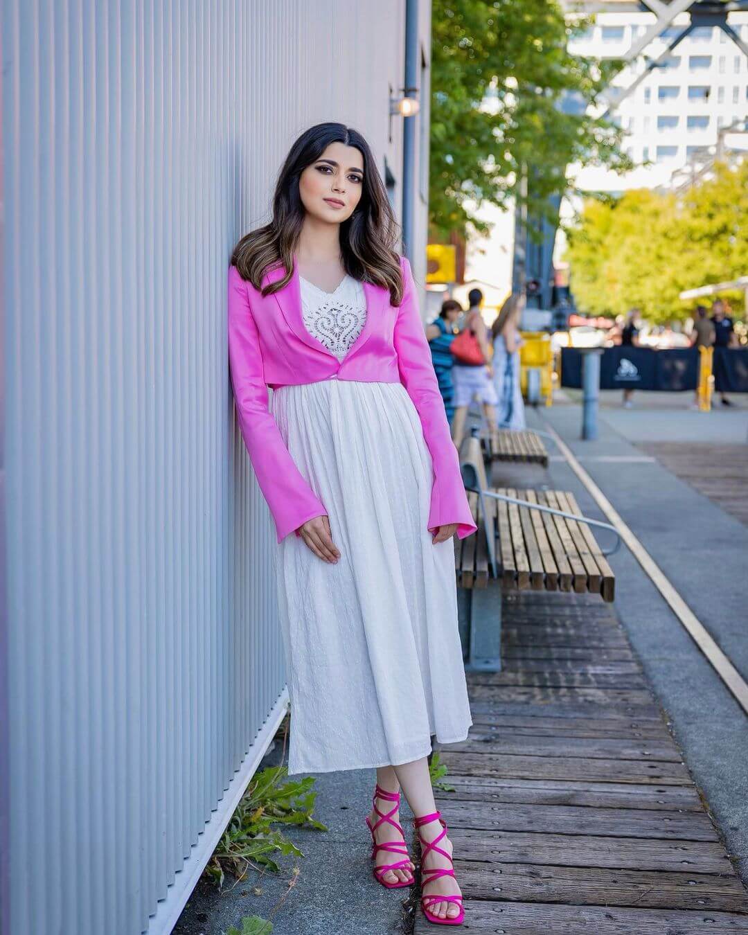 Nimrat Khaira Vibrant Look In White Dress With Pink Jacket Outfit Nimrat Khaira Desi And Classy Outfit