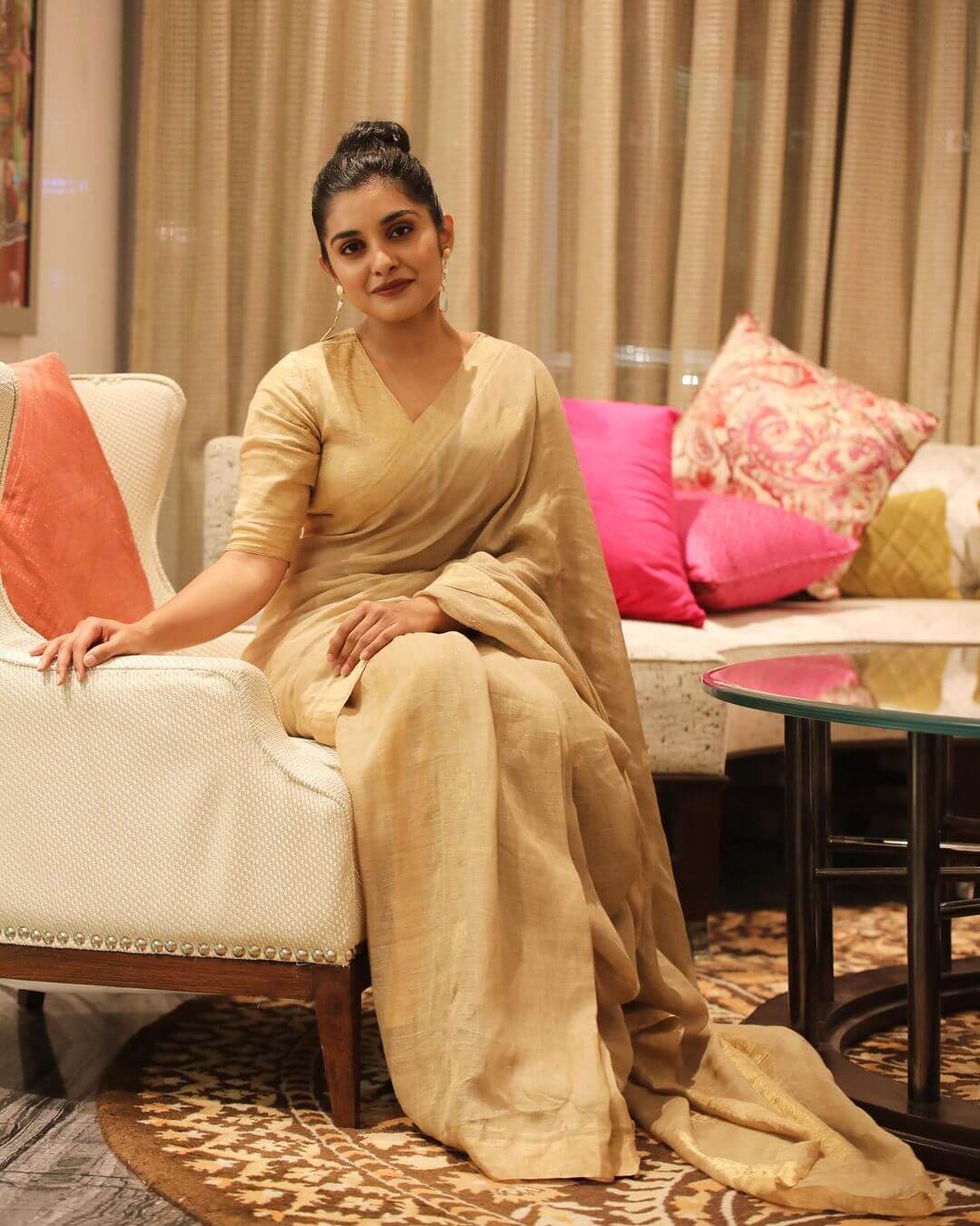 Nivetha Thomas Classy Look In Beige Saree Outfit