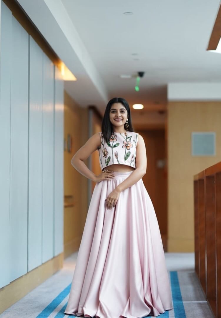 Nivetha Thomas Flattering Look In Crop Top With Skirt Outfit