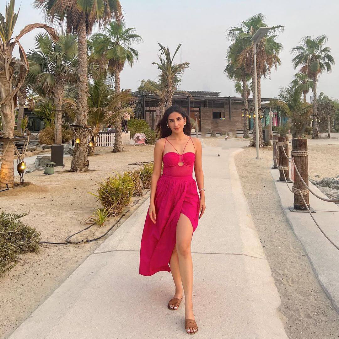 Parul Gulati Hot Beach Look In Pink Dress Outfit
