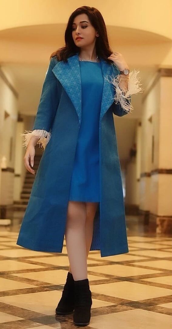Preetika Rao In Blue Midi Dress With Blue Over Coat Outfit