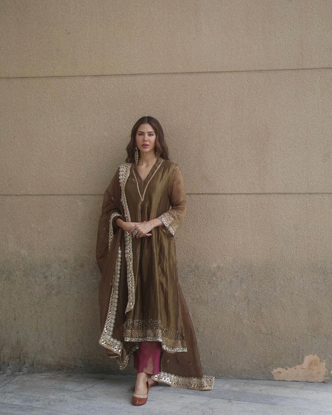 Punjabi Kudi Sonam Bajwa In Brown A-Line Kurta Set Sonam Bajwa Desi and Elegant Outfit Looks