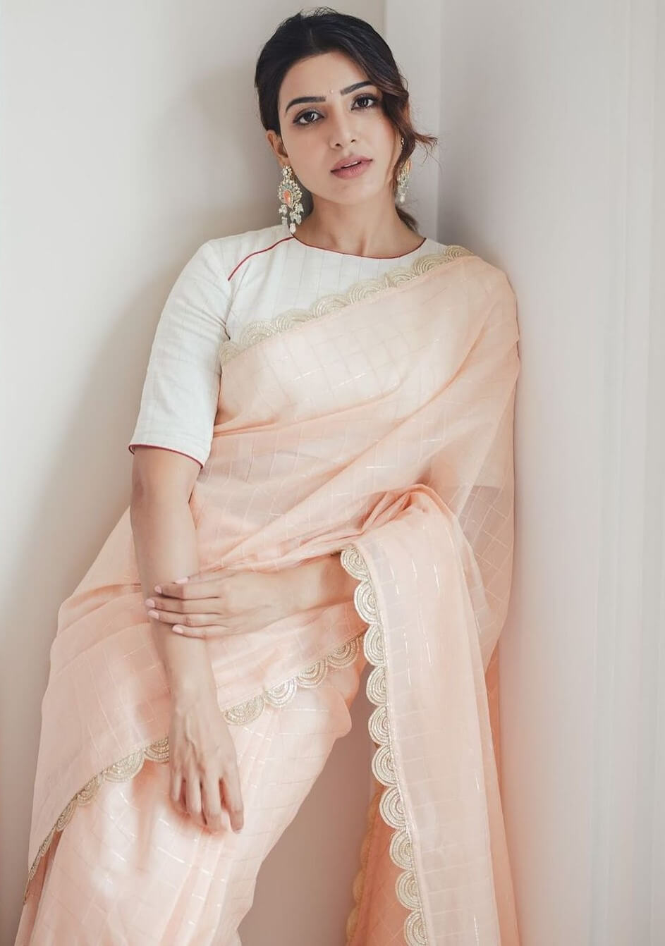 Pushpa: The Rise Movie Actress In Peach Color Saree With Half Samantha Saree DesignsSleeve Blouse