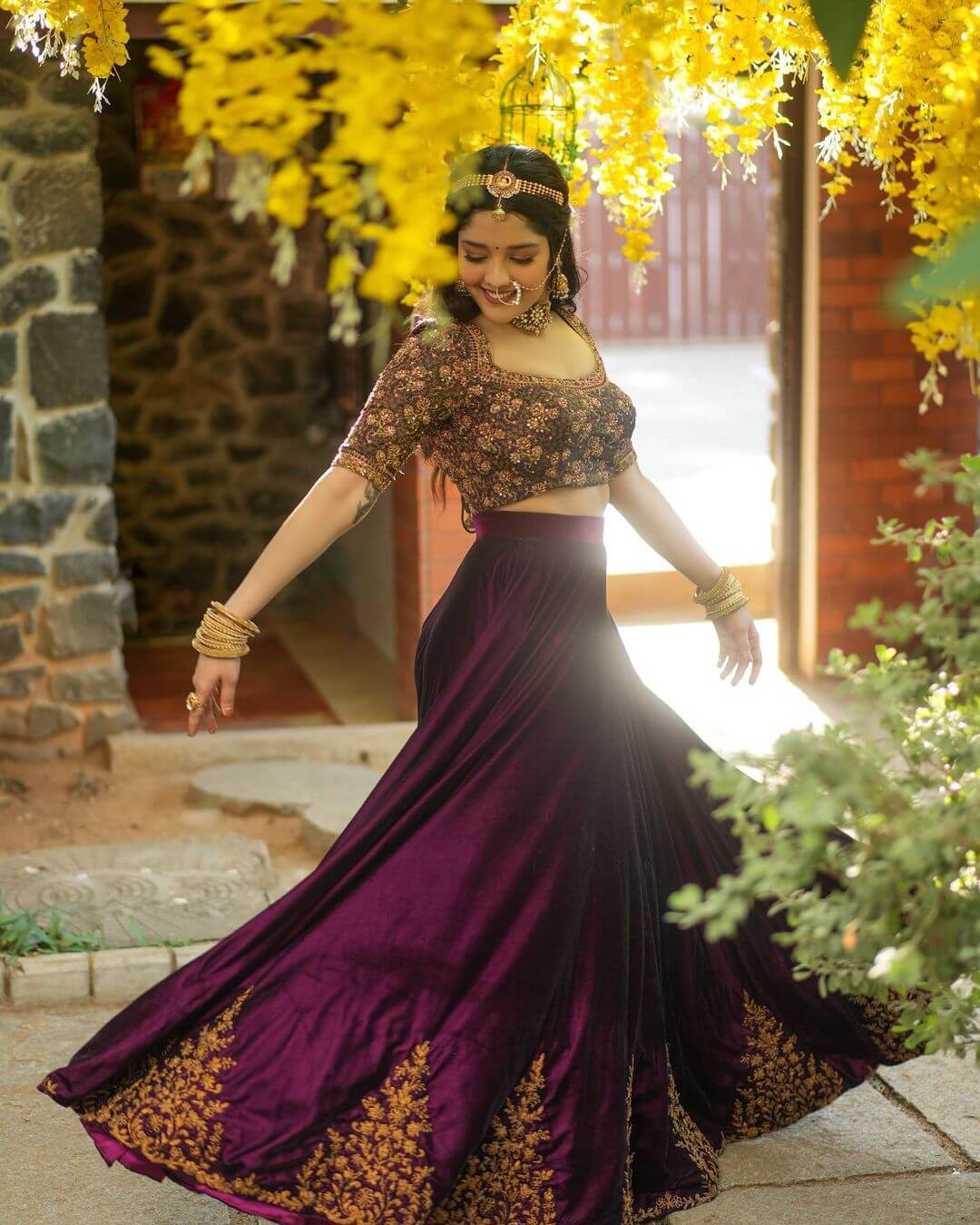 Ritika Singh Look Gorgeous In Purple Lehenga With Golden Embroidery Work