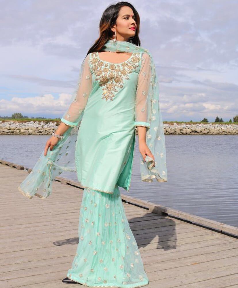 Roopi Gill In Sky Blue Heavy Designer Embroidery Sharara Suit