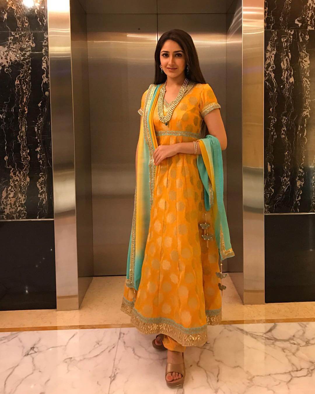Sayyeshaa In Yellow Anarkali Suit Outfit Sayyeshaa Outfit, Style And Fashion For Stunning Look