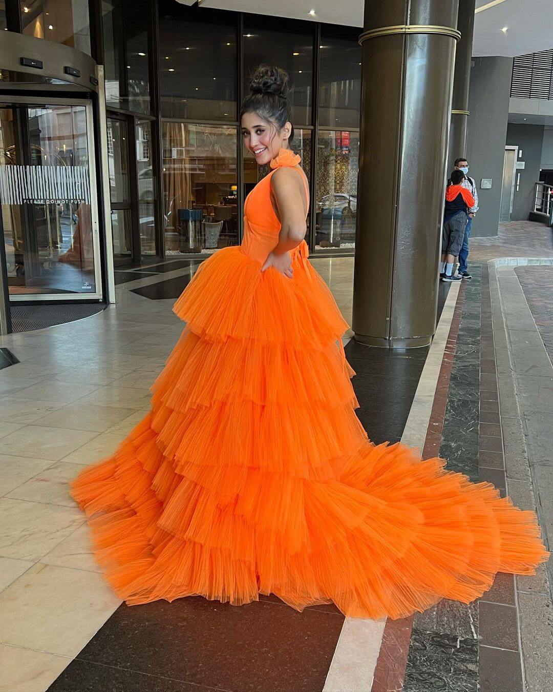Shivangi Joshi Look Gorgeous In Orange Multi-Layer Ruffle Gown