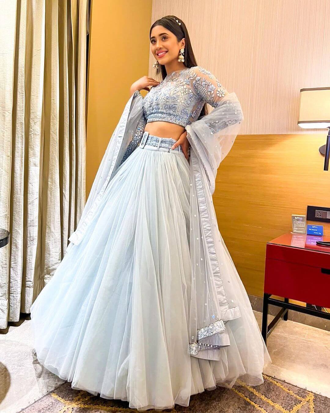 Shivangi Look Dazzling In Ivory Blue Lehenga Outfit