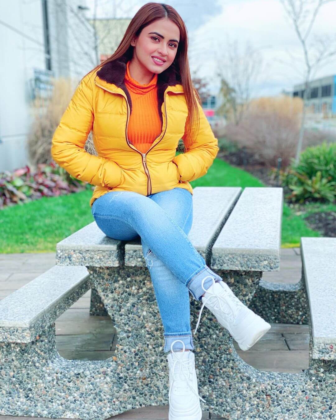 Simi Chahal Casual Look In Blue Denim Jeans With Yellow Jacket Outfit Simi Chahal Outfit &amp; Looks Inspo