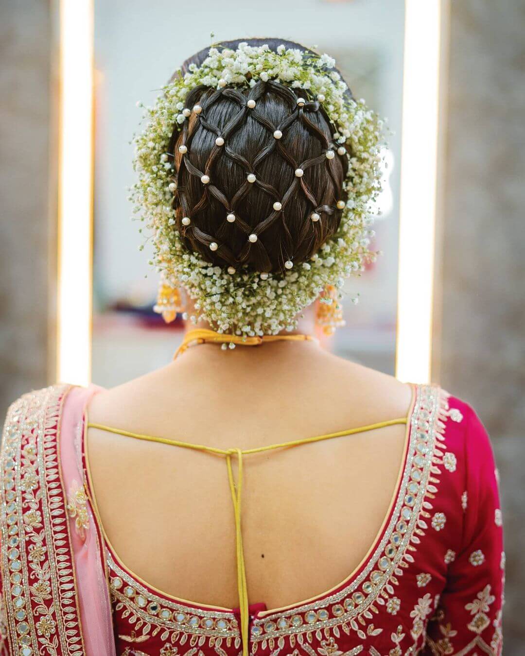 So Unique And Beautiful Indian Bridal Bun Hairstyle With Pearl For Wedding