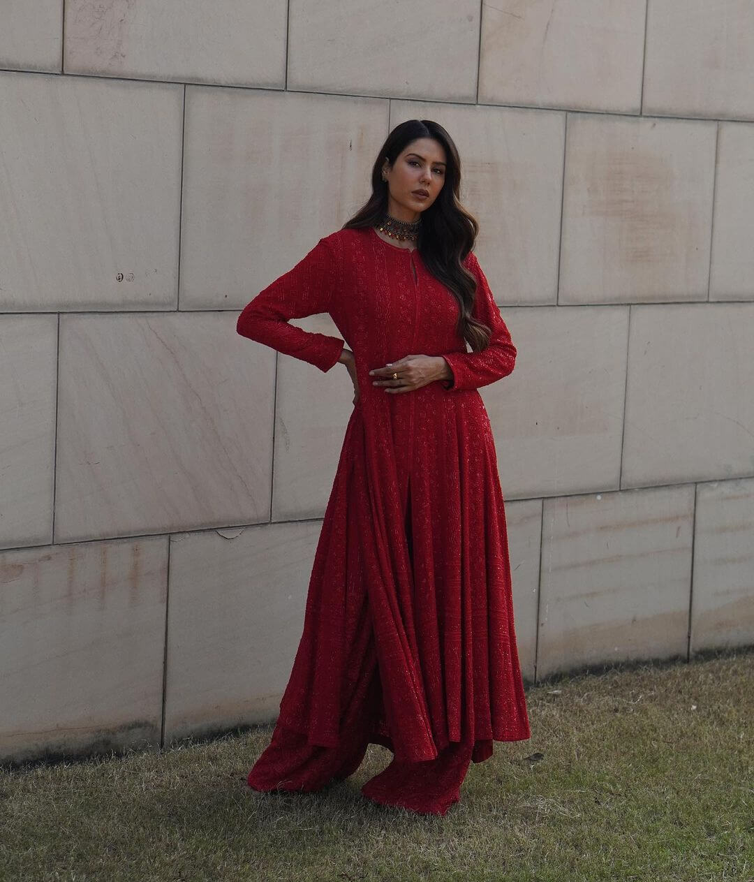 Sonam Bajwa Full Sleeves Red Chikankari Kurta Set