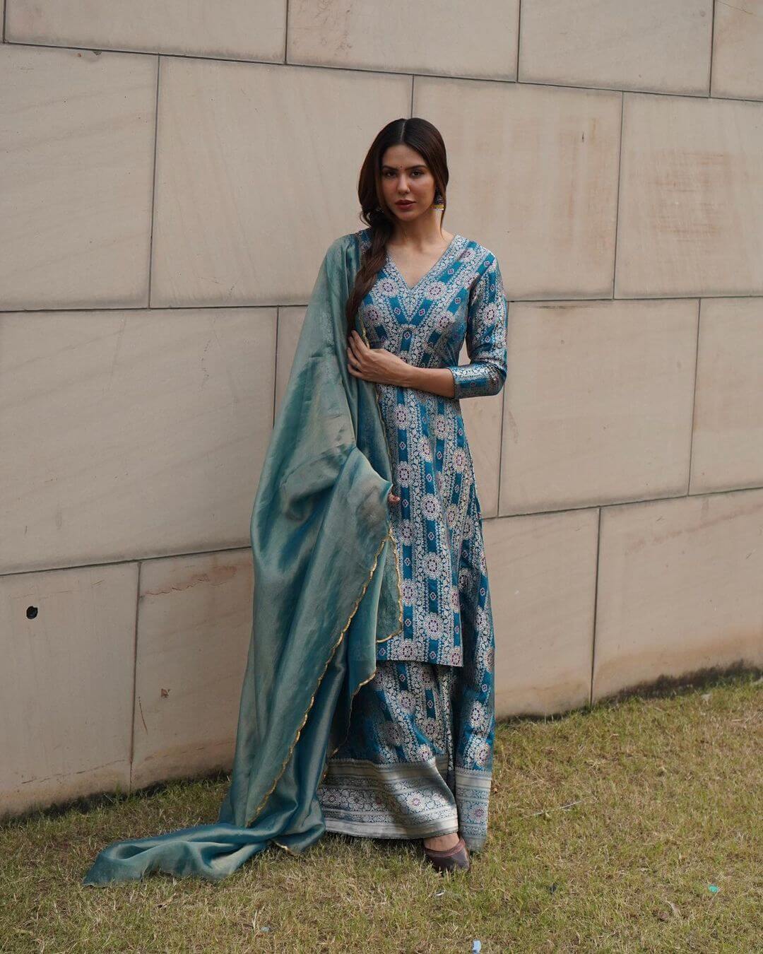 Sonam Bajwa In Beautiful Blue Banarasi Kurta Set Sonam Bajwa Desi and Elegant Outfit Looks
