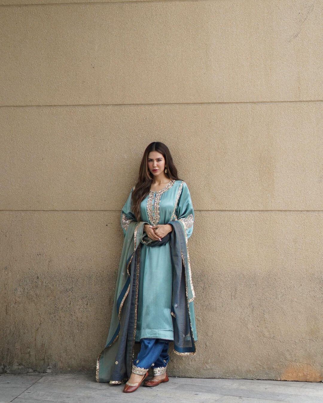 Sonam Bajwa In Blue Straight Kurti Set Sonam Bajwa Desi and Elegant Outfit Looks