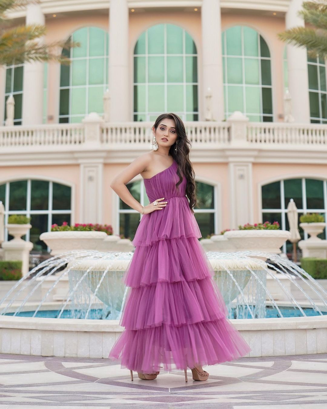 Tanya Sharma In Purple Multi Layer Ruffle One Shoulder Gown