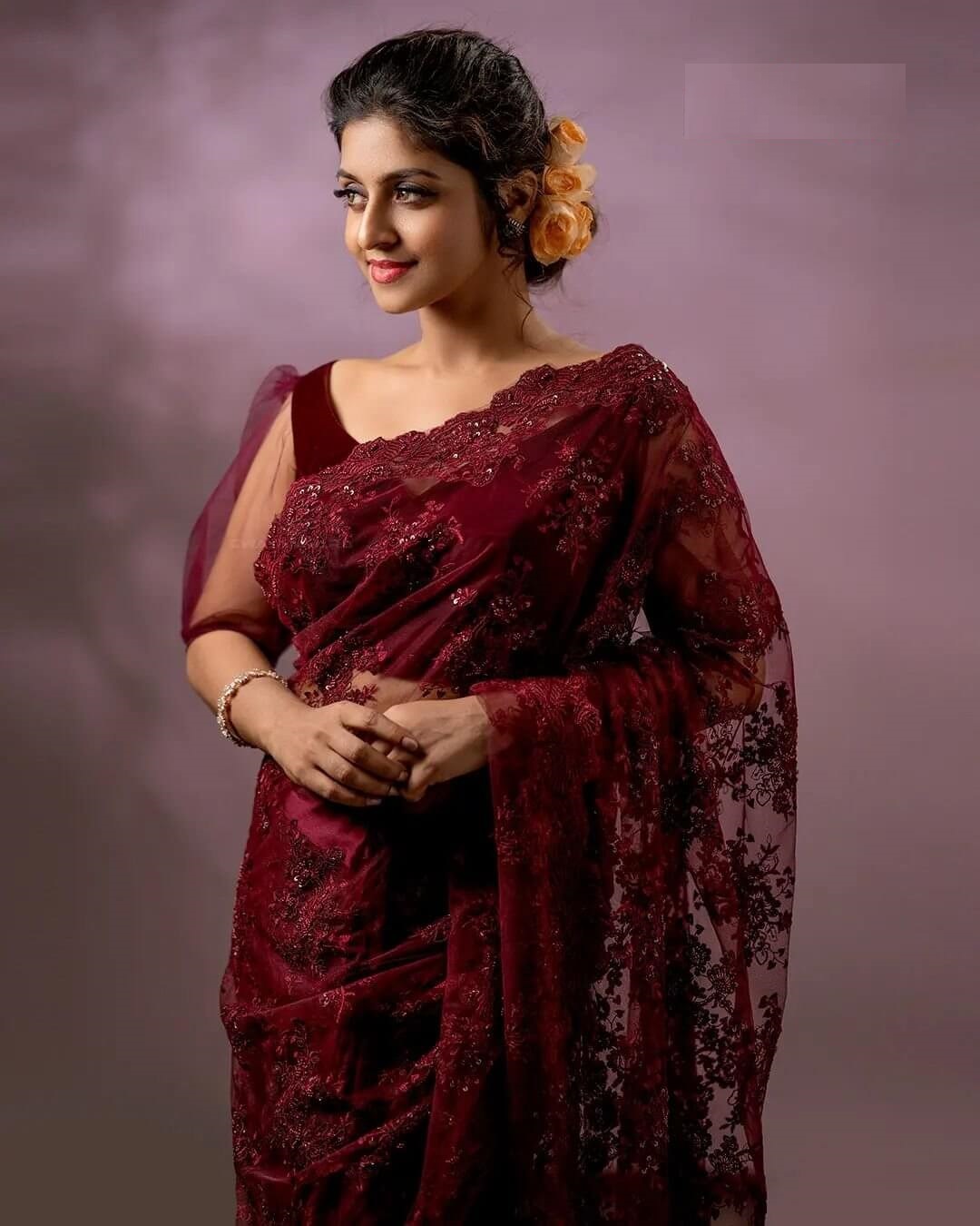 Athmiya Rajan In Win Embroidered Net Saree Paired With Puffed Sleeves Blouse