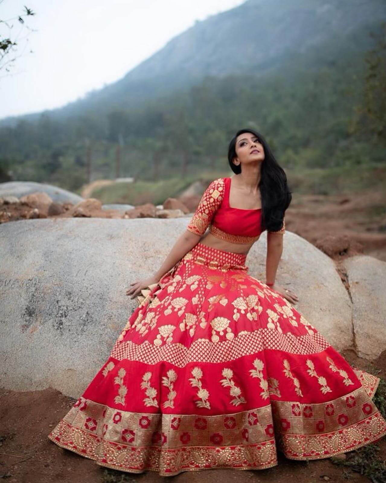 Aindrita Ray In Red Zari Floral Work Lehenga Paired With Red Blouse