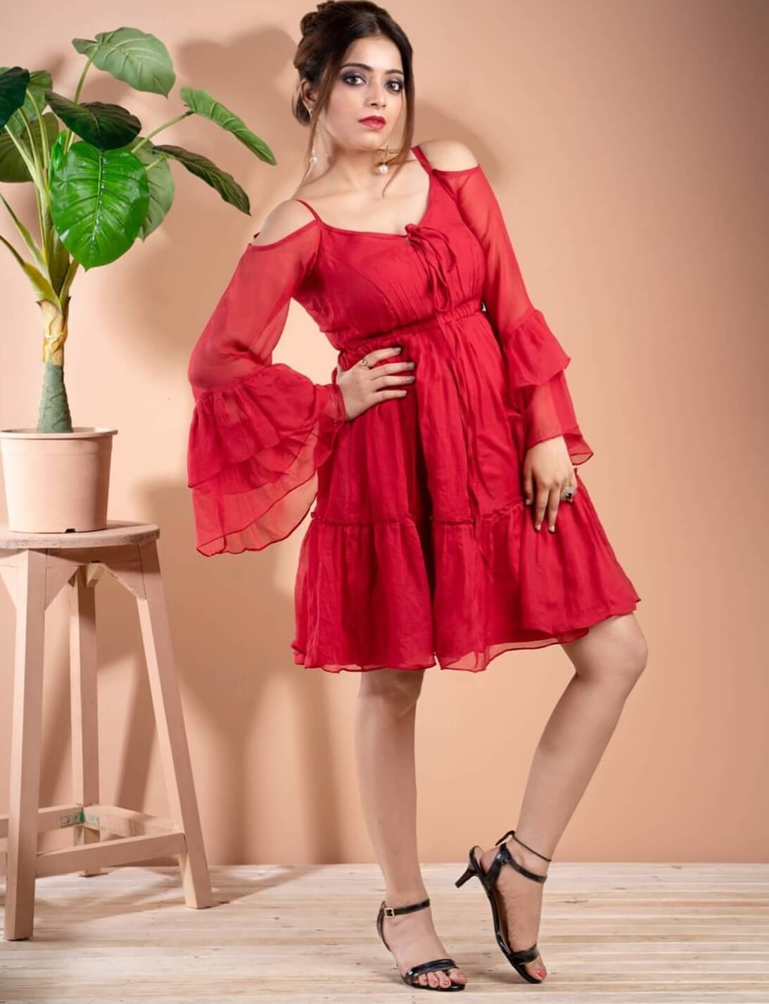 Janani Iyer In Hot RED Ruffle Fit & Flared Full Sleeves Dress