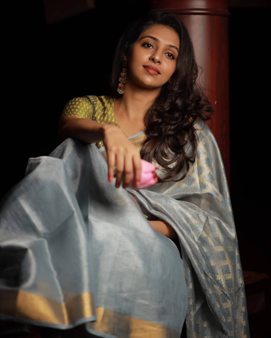 Lakshmi Menon Elegant Look In Grey Silk Saree With Golden Blouse
