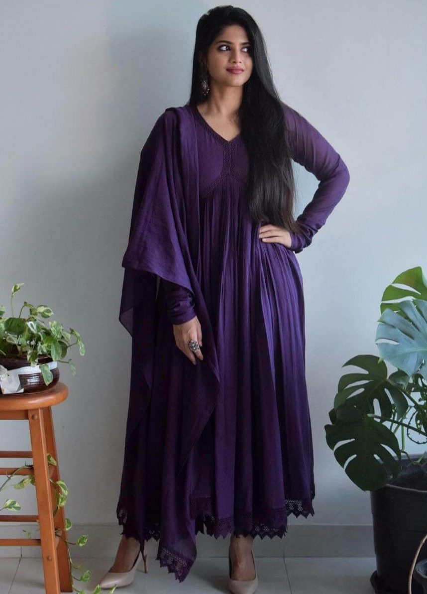 Megha Akash Charming Look In Purple Cotton Kurta & Dupatta
