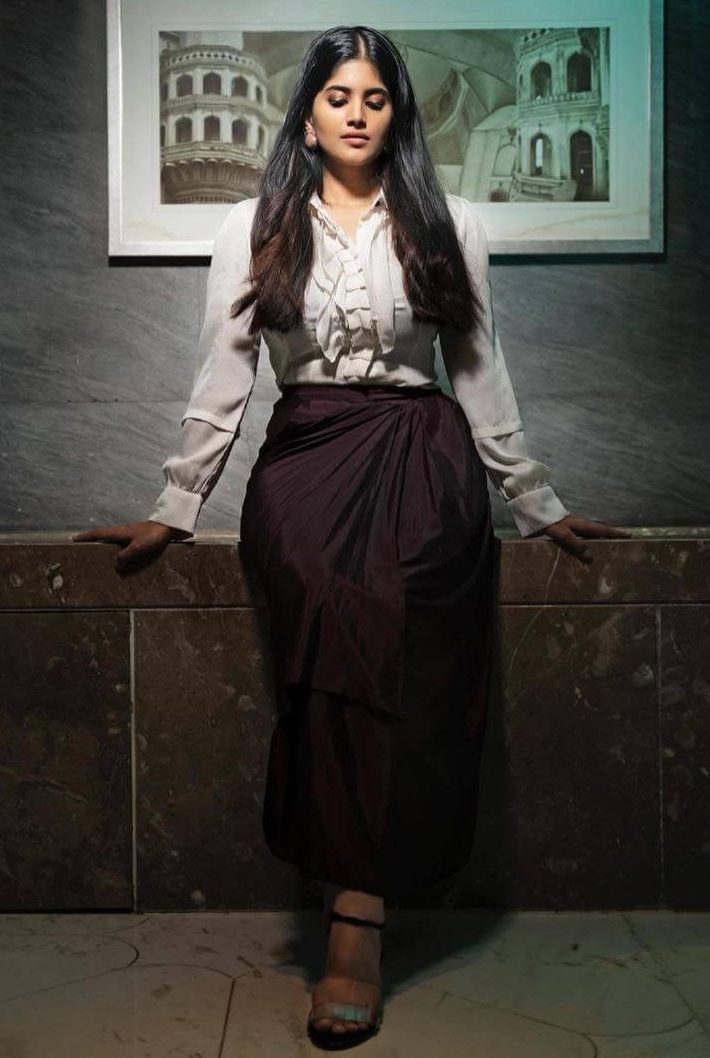 Megha Akash Chic Look In White Blouse With Brown Skirt Outfit