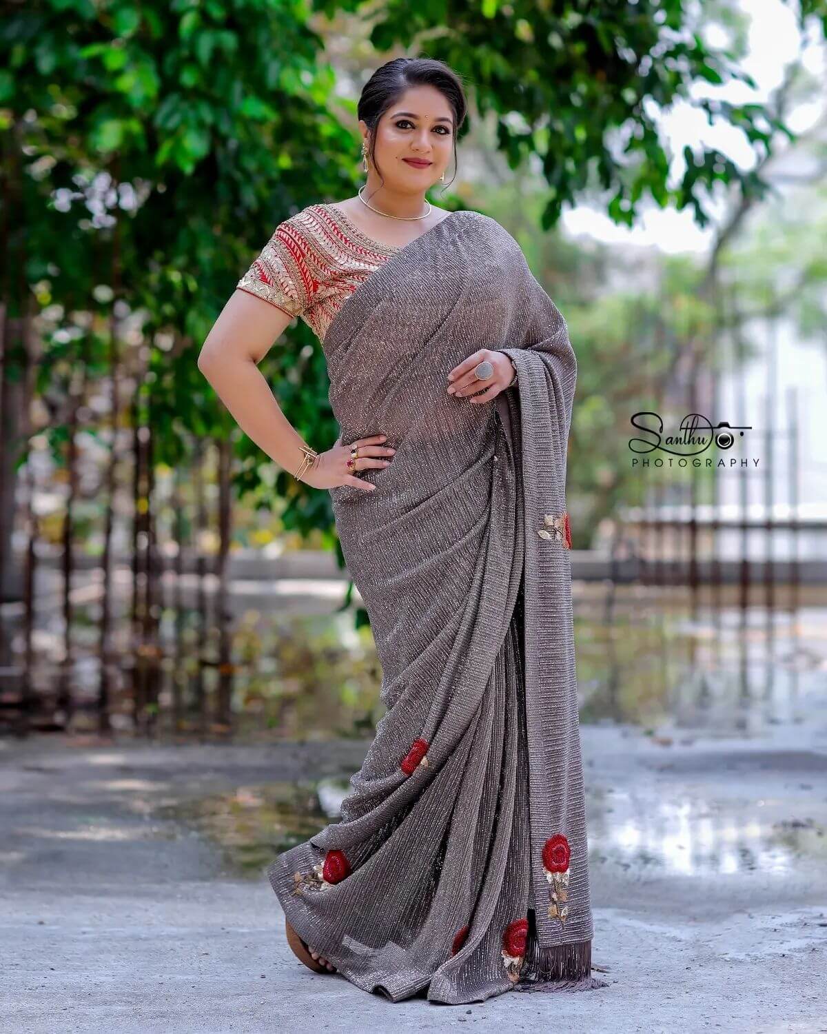 Meghana Raj Chic Look  In Silver Metallic Saree