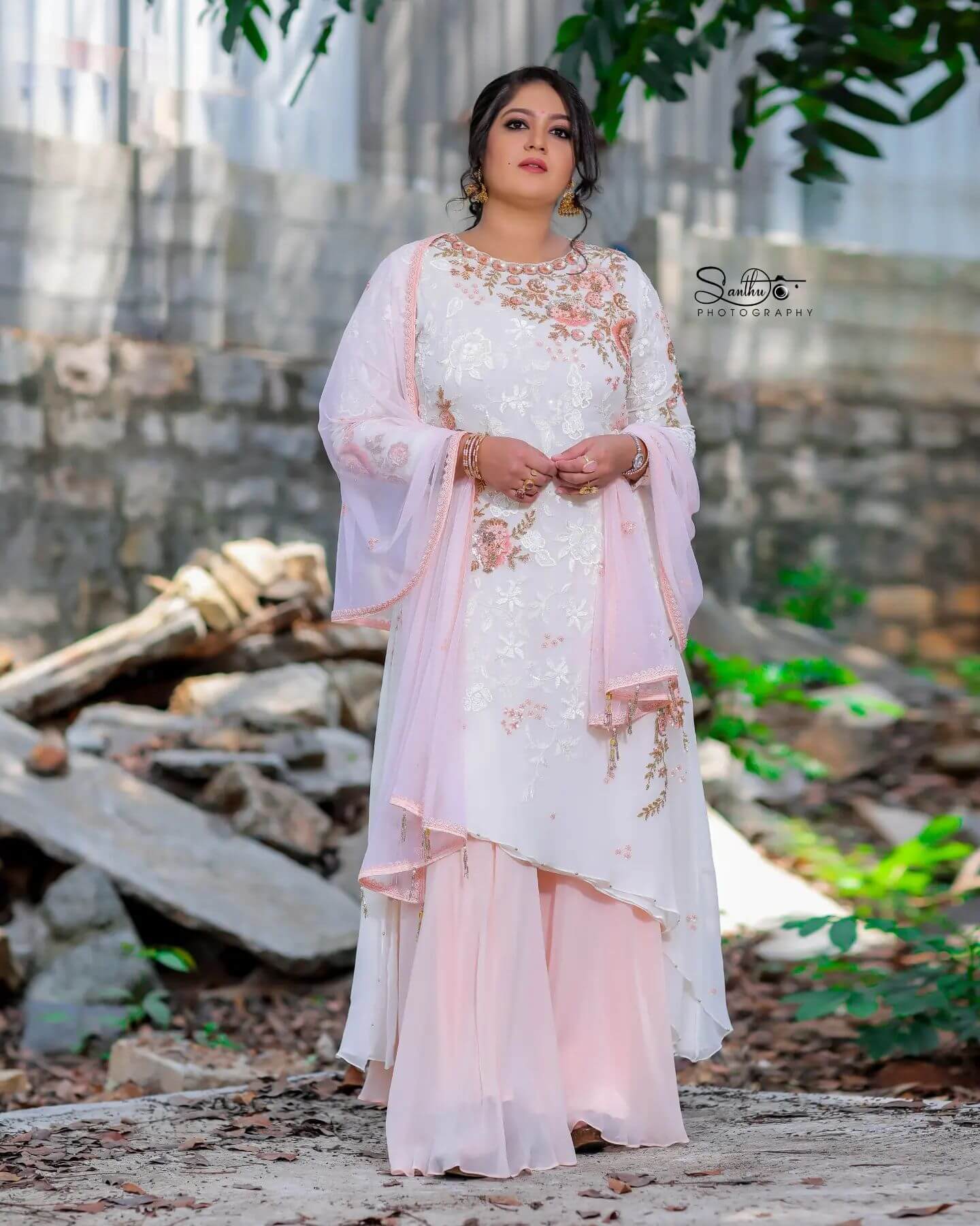 Meghana Raj  Floral Round Neck Chanderi Pink Kurta Palazzo Dupatta Set