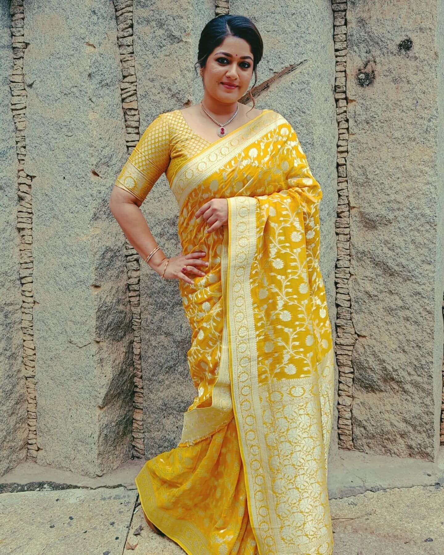 Meghana Raj Look As Bright As Sunshine In Yellow Floral Work  Silk Saree
