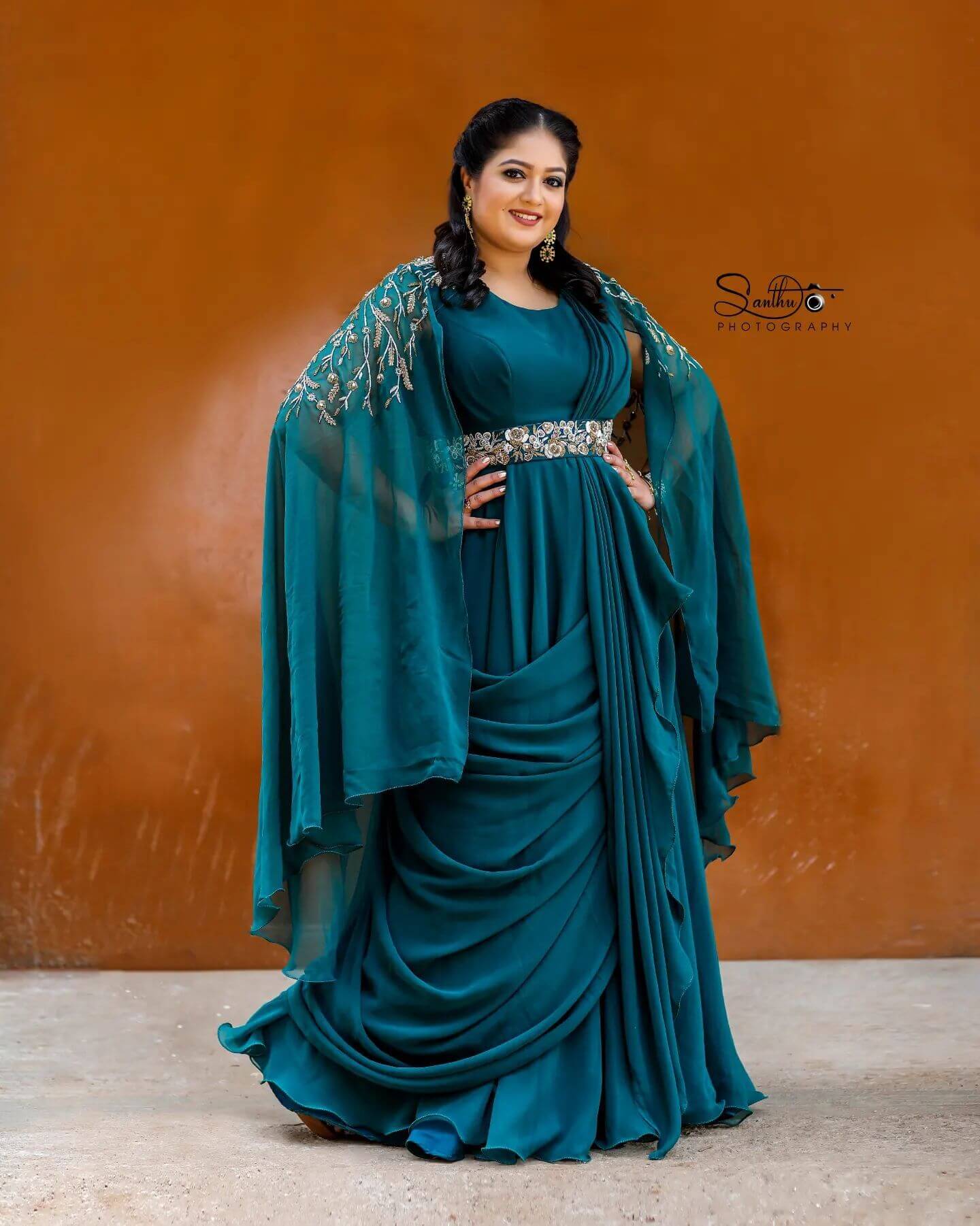 Meghana Raj Lycra  Blend & Silk Blend Pleated Gown With Long Slit Sleeves