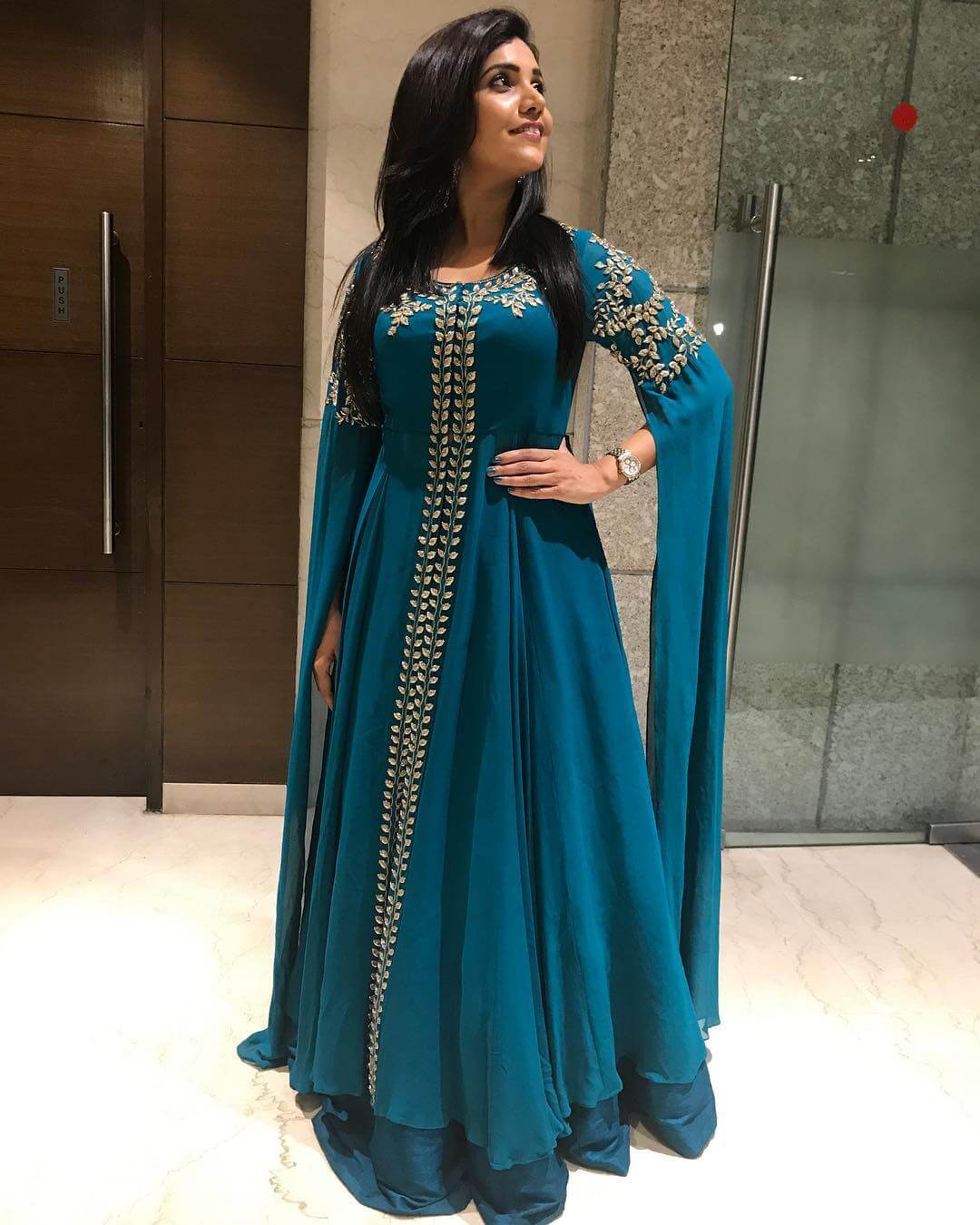 Mukta Barve Look Stunning In Blue Gown With Long Slit Cut Sleeves