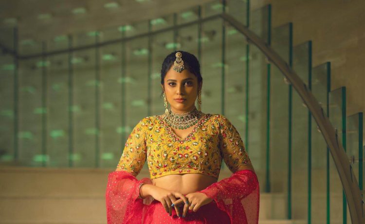Nandita Swetha  Gorgeous Look In Pink Golden Embellished Lehenga Paired With Yellow Blouse