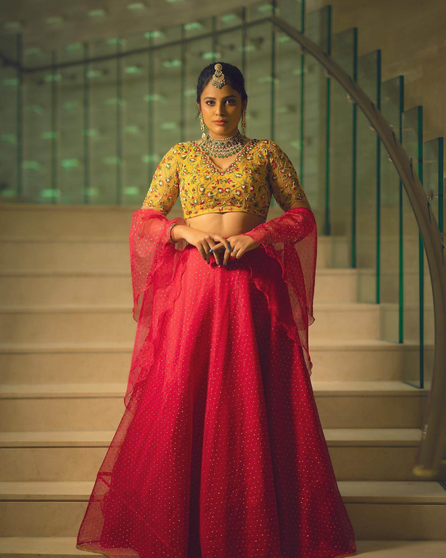 Nandita Swetha  Gorgeous Look In Pink Golden Embellished Lehenga Paired With Yellow Blouse