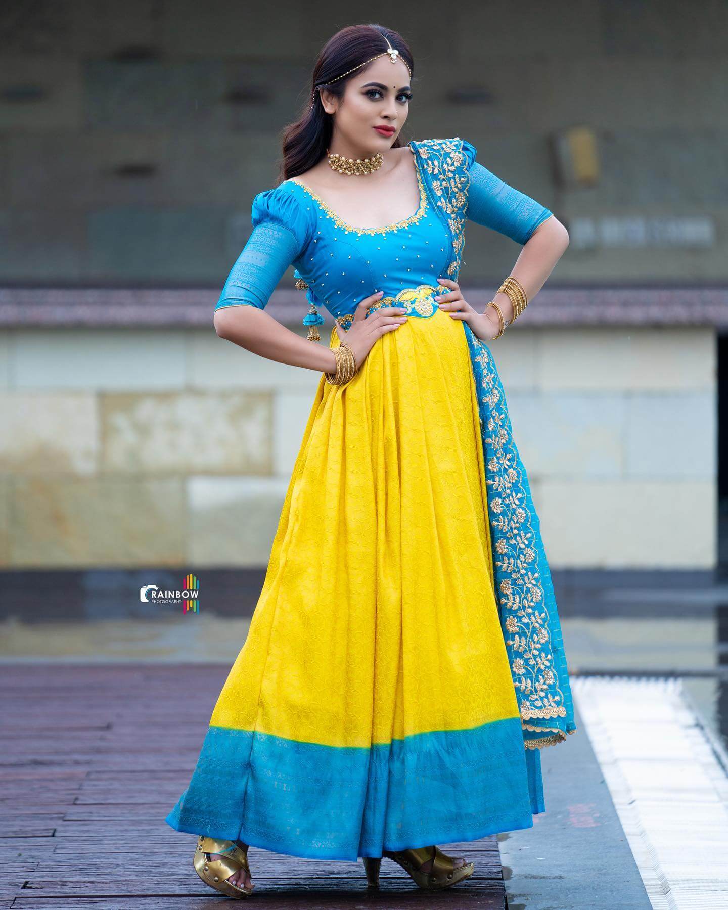 Nandita Swetha In Yellow & Blue Festive Gown Paired With Blue Dupatta