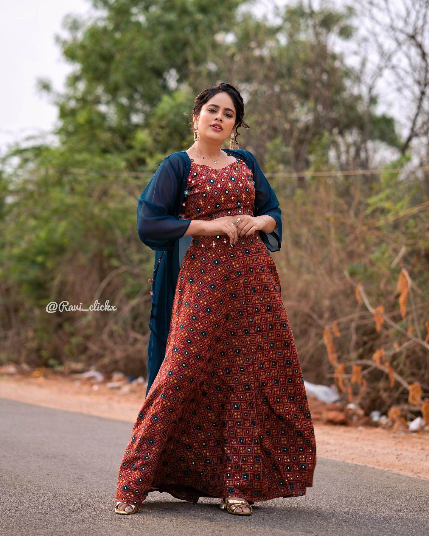 Nandita Swetha Look Pretty In Red Co-Ord Set With Solid Blue Jacket