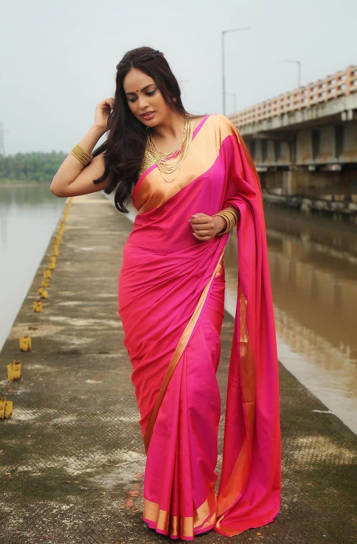 Nandita Swetha Ravishing Look In Pink Silk Saree Paired With Golden Blouse