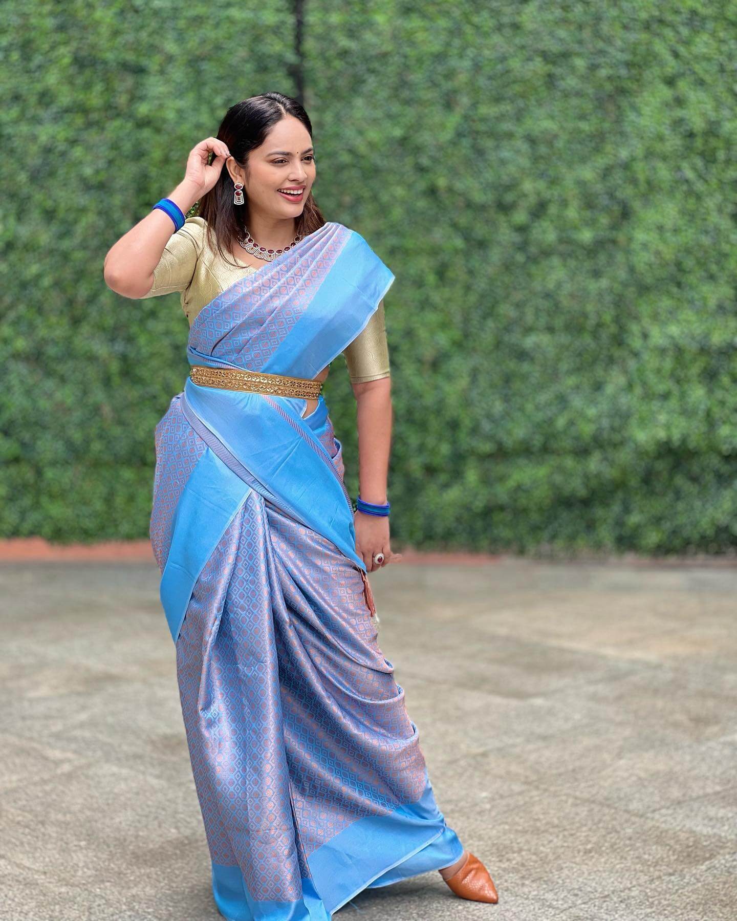 Nandita Swetha Slaying The Ethnic Saree Look In Blue Banarasi Silk Saree