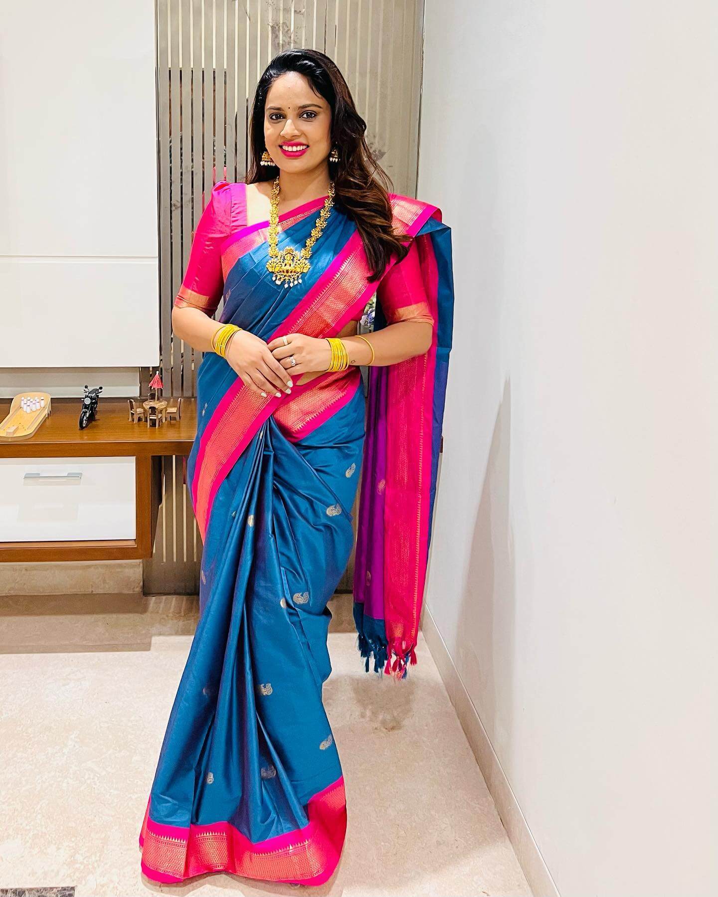 Nandita Swetha Traditional Festive Look In Blue & Pink Saree