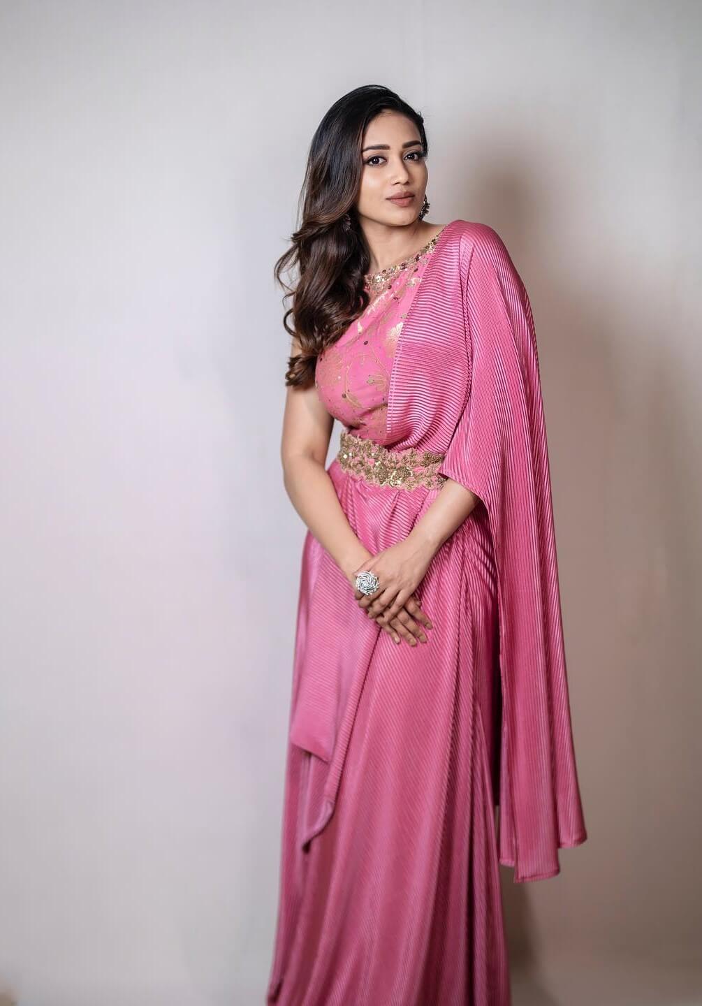 Nivetha Pethuraj Pink Drapped Designer Dress
