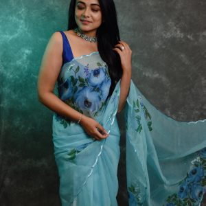 Prarthana Behere Beautiful & Traditional Looks & Outfit: Blue Orgenza Saree With Sleeveless Blouse