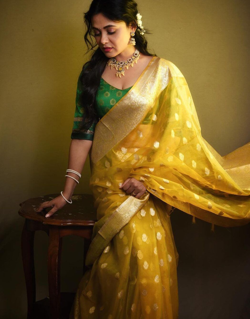 Prarthana Behere In Yellow Slik Saree With Green Blouse