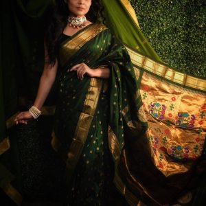 Prarthana Behere Beautiful & Traditional Looks & Outfit: Green Silk Golden Zari Work Saree Outfit
