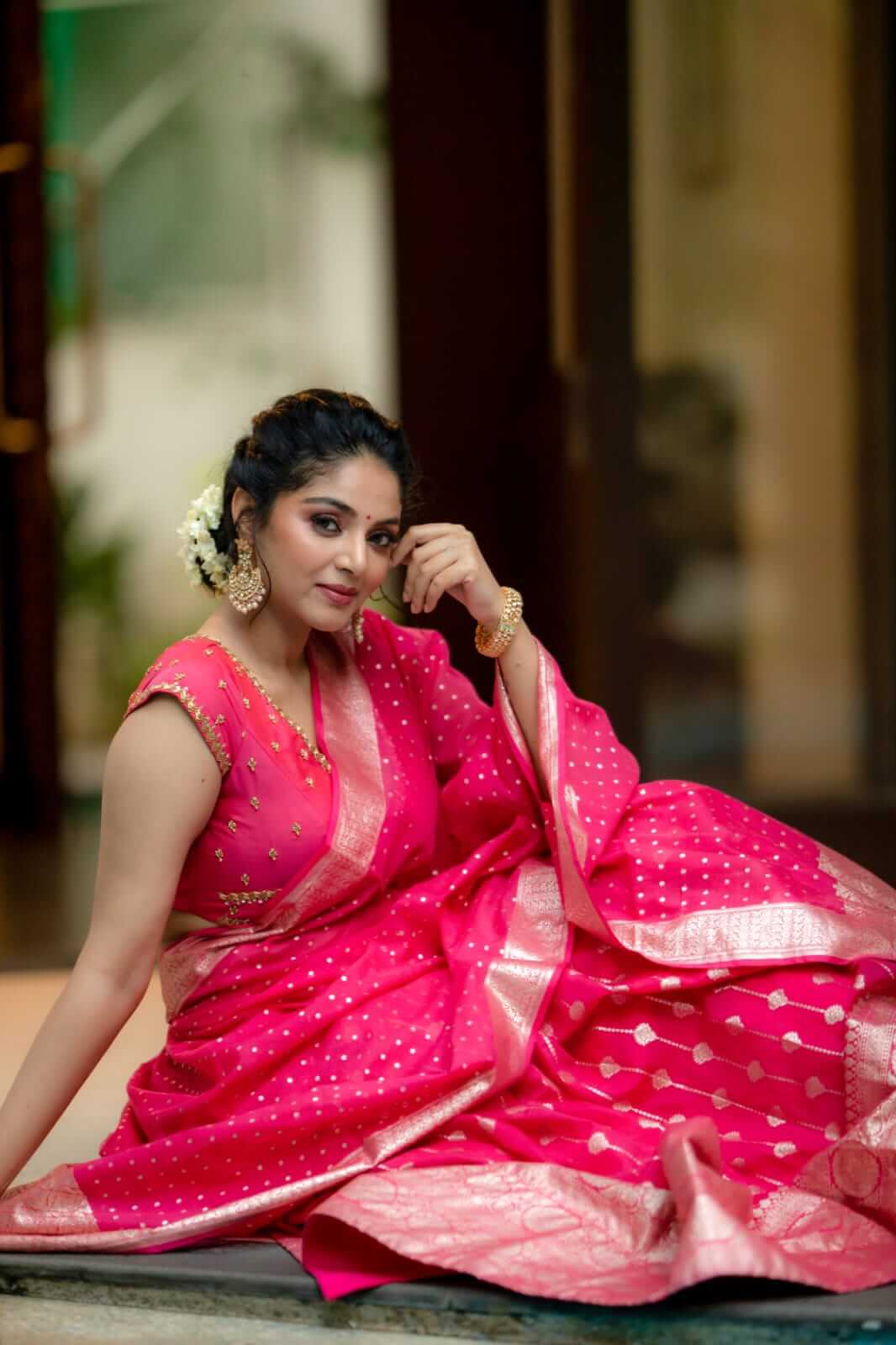Sanam Shetty Beautiful Pink Banarasi Silk Woven Bridal Lehenga Choli With Dupatta