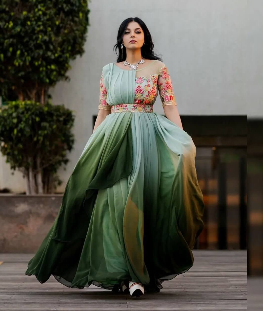 Sanam Shetty  Olive Ombre Floral Print Gown