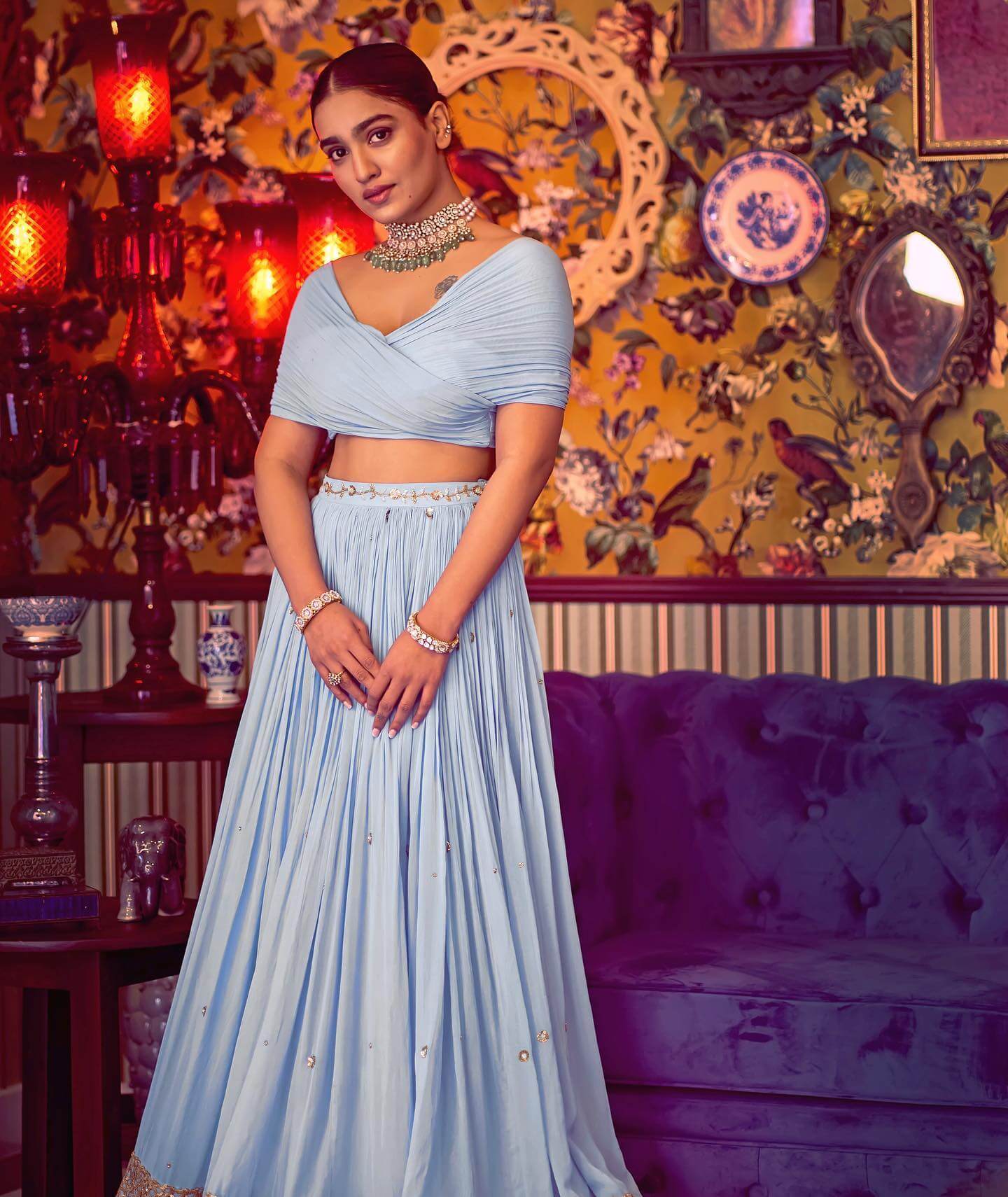 Saniya Iyappan In Aqua Blue Wrapped Up Crop Top With Skirt