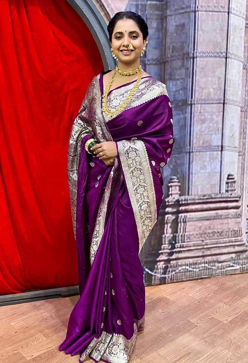 Sayali Sanjeev Dazzling Look In Purple Banarsi Silk Zari Woven Saree