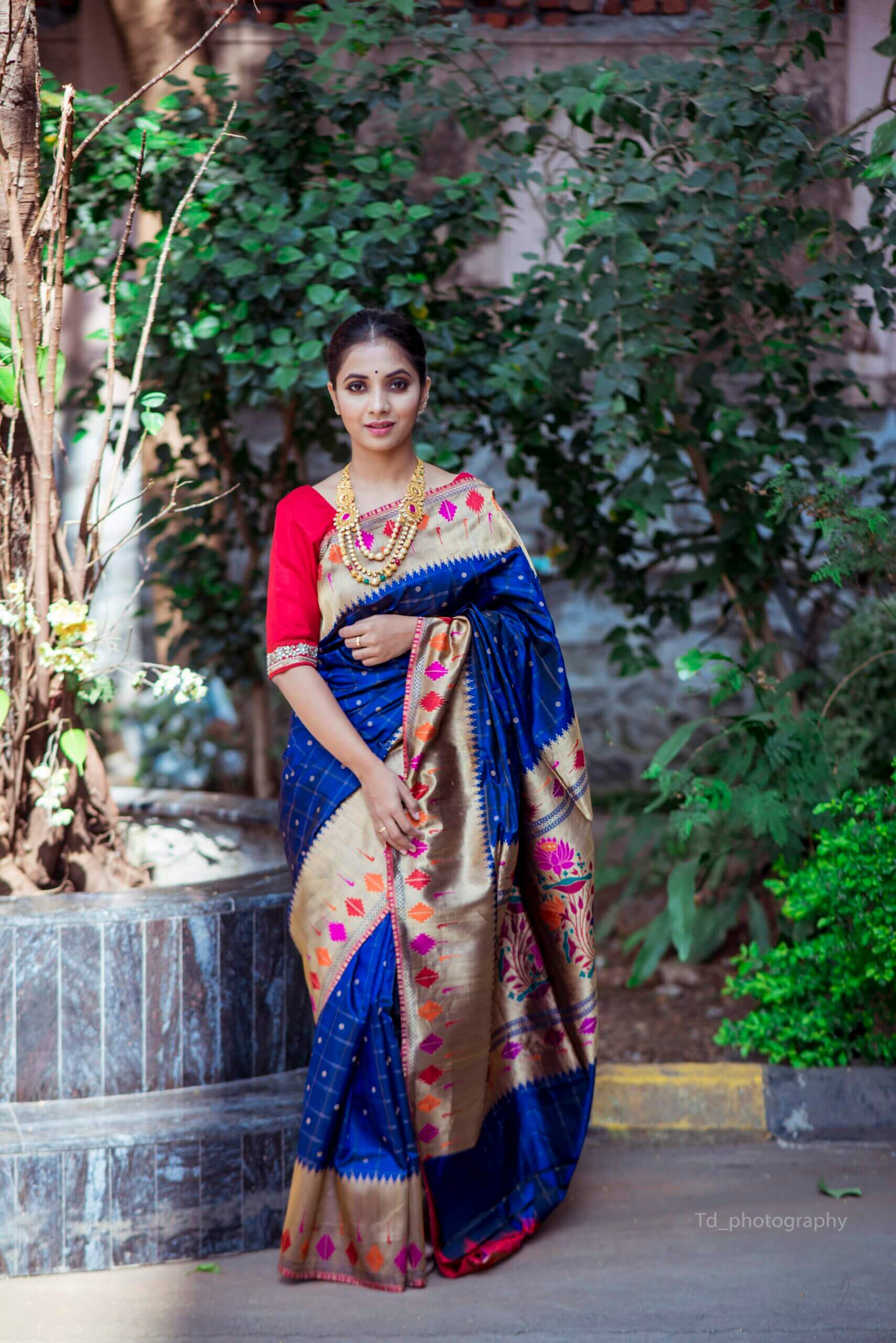 Sayali Sanjeev Look Desirable In a Blue & Golden Kanjivaram Saree Paired With Red Blouse
